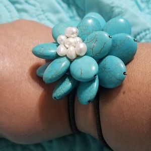 Adjustable Torqoise and Pearl Cluster Bracelet